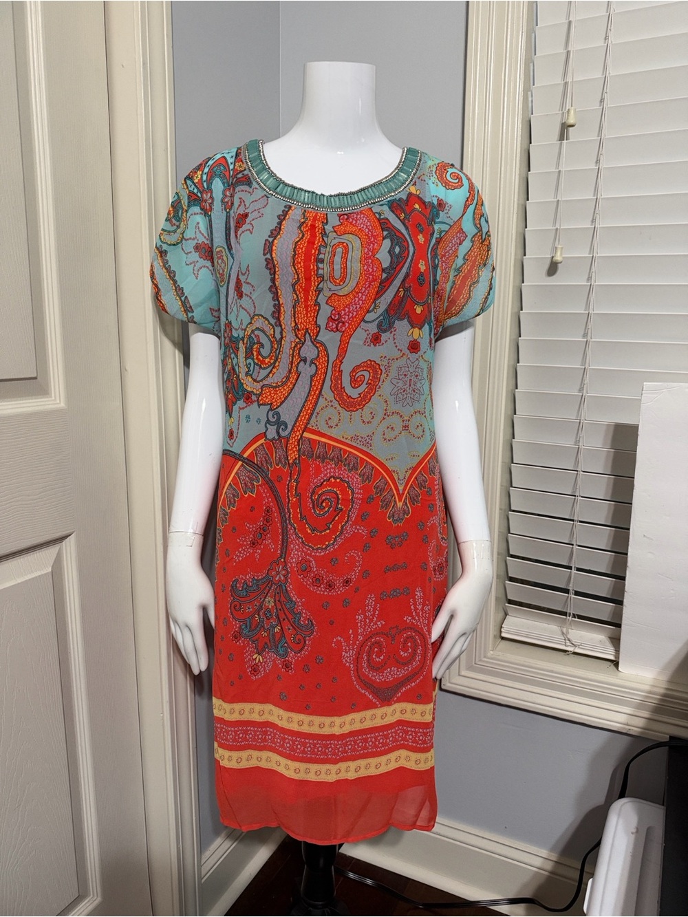 Tribal women's Printed Short-Sleeve shift lined Dress.  #006